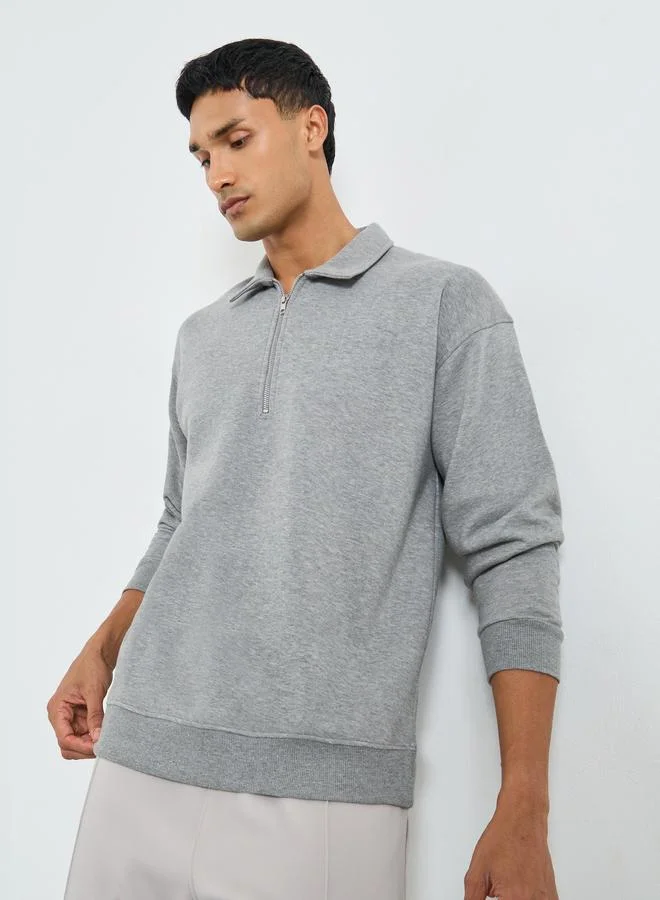 Styli Men Grey Zip-Neck Fleece Sweatshirt
